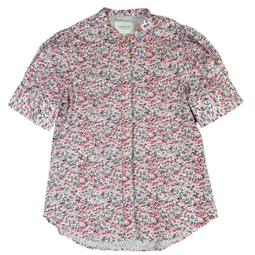 The Shirt Rochelle Behrens Pink Floral Short Sleeve Band Collar Blouse Large